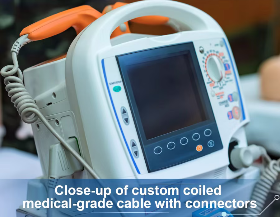 Close-up of custom coiled medical-grade cable with connectors