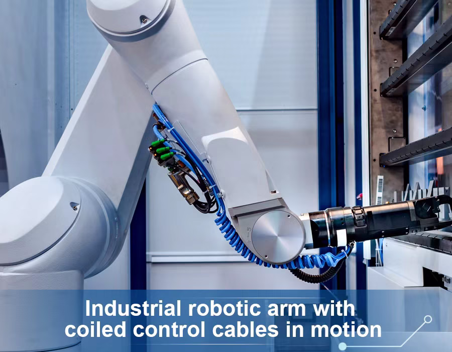 Industrial robotic arm with coiled control cables in motion