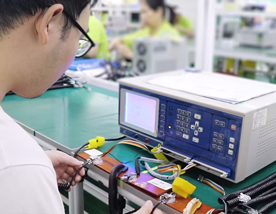 Romtronic employees are conducting electrical performance testing on coil cables.