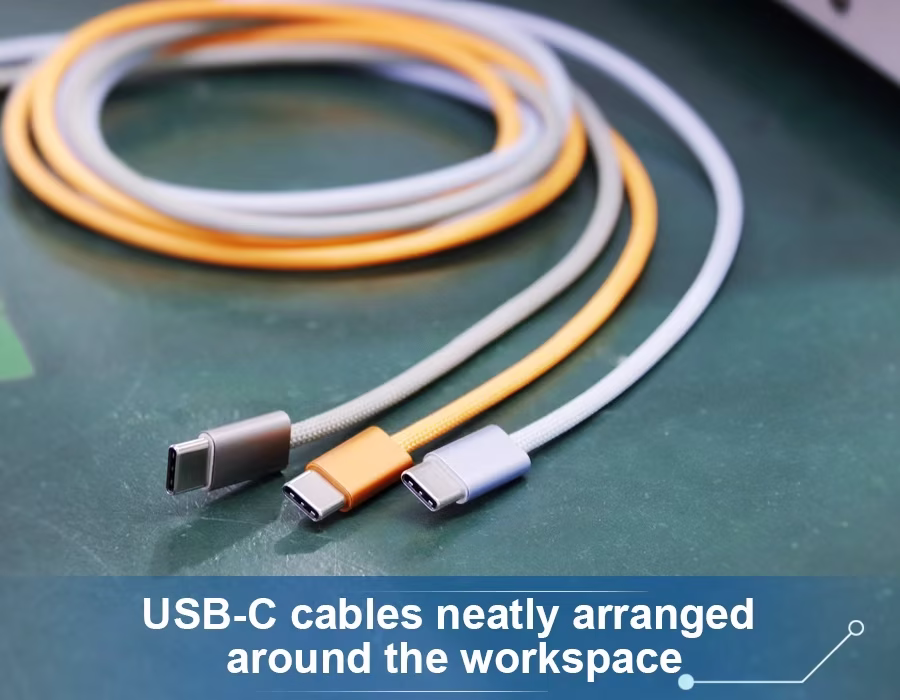 USB-C cables neatly arranged around the workspace