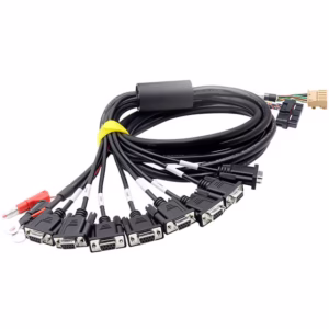 Custom multi-branch cable assembly with a 20-pin rectangular connector, a DB15 D-SUB, and color-coded 4mm banana plugs