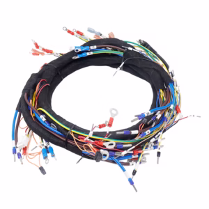 Industrial servo control wiring harness with multi-core shielded cables, circular connectors, and organized wire management for CNC chassis