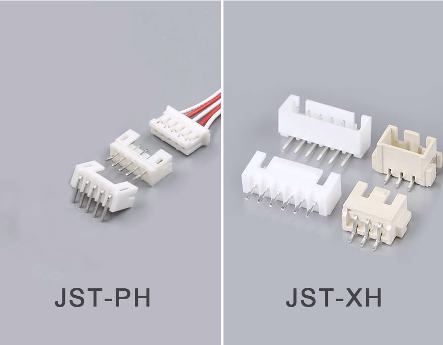 JST-XH (left) vs JST-PH (right) connectors. The XH series (2.5 mm) is visibly larger and heavier, reflecting its higher current rating
