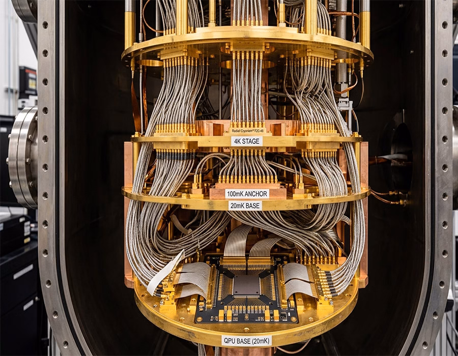 Professional engineering view of high-density cryogenic cable harnesses inside a dilution refrigerator, featuring superconducting NbTi coaxial lines and multi-stage thermal anchoring for quantum processing units (QPU).