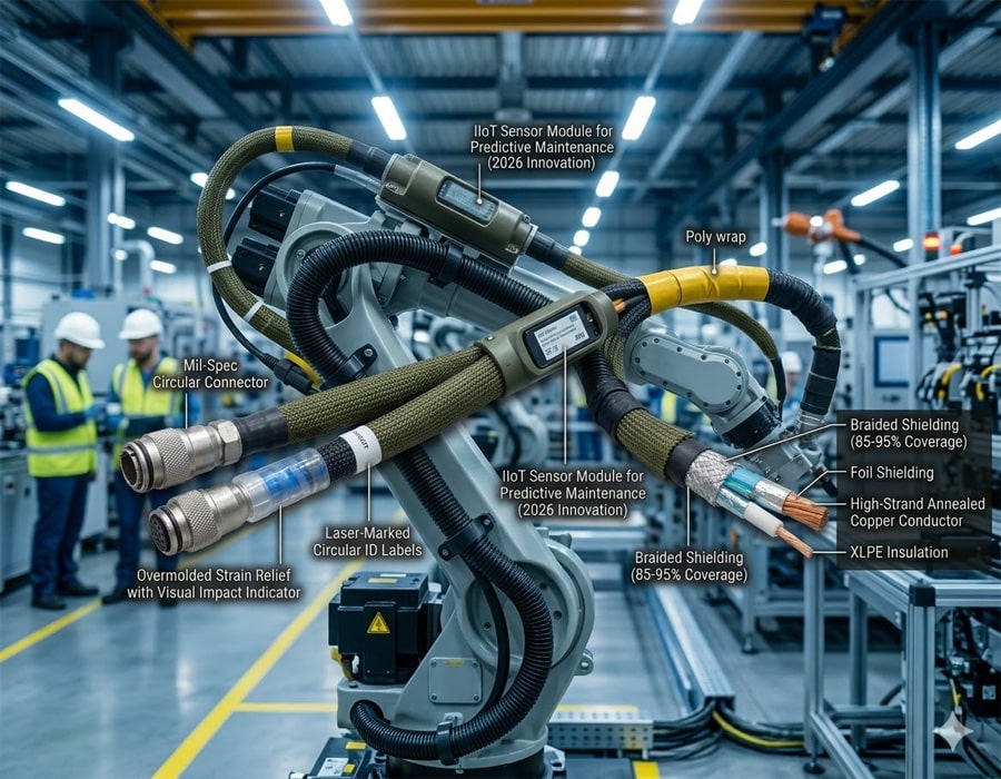 Custom multi-branch industrial wire harness with corrugated tubing for mechanical protection