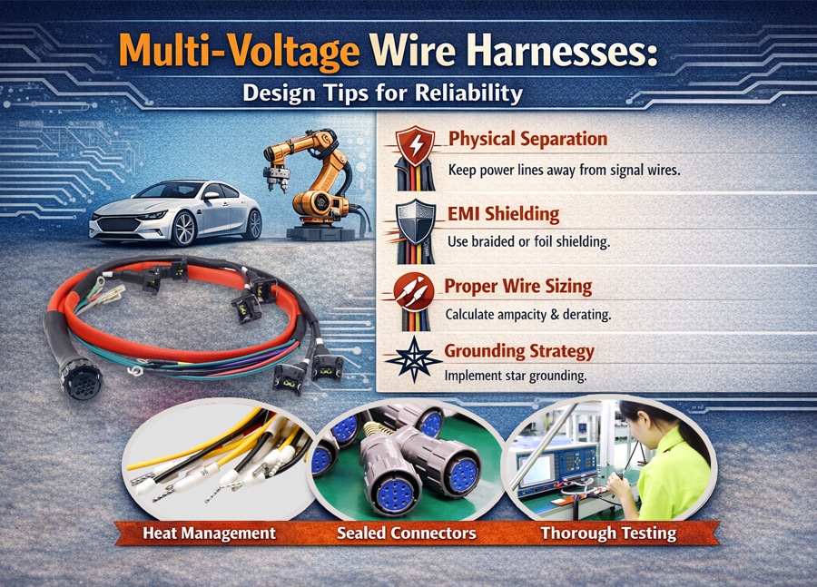 Custom wire harness integrating high voltage power and low voltage signal circuits