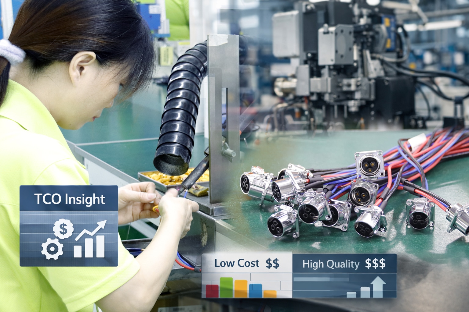 Infographic explaining TCO components for custom wire harness and cable assembly
