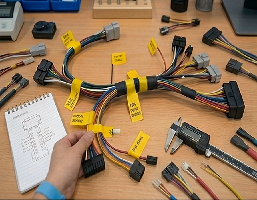 Romtronic engineer reverse engineering custom wire harness prototype with hand sketch and calipers