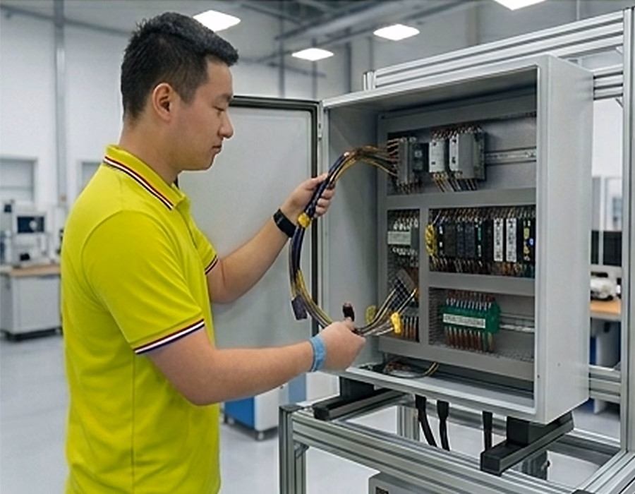 China-based wire harness manufacturer testing custom wire harness routing inside industrial enclosure
