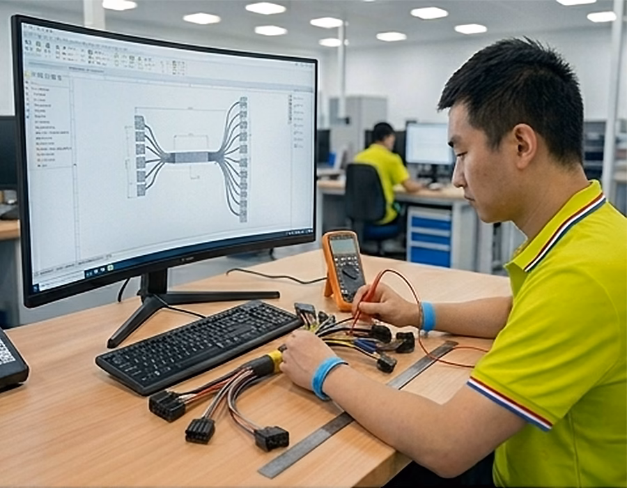 Romtronic technical team verifying custom wire harness pinout and electrical parameters via CAD software