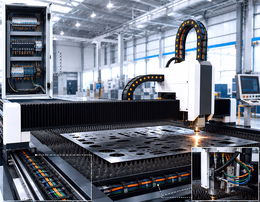 Industrial laser cutter wire harness cable routing
