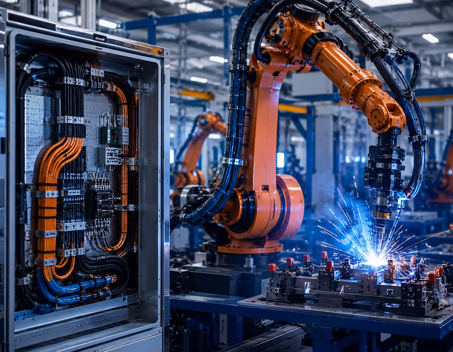 Armor-grade internal wire harness for an industrial robotic welding cell.
