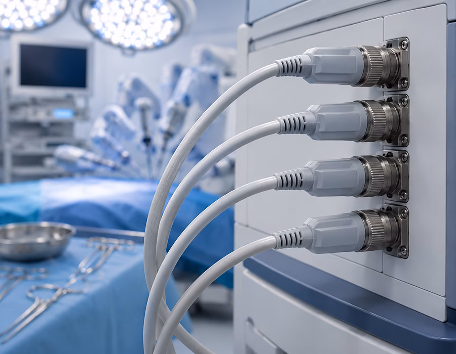 Medical-grade biocompatible cable assembly installed in a surgical device for reliable signal transmission and sterilization resistance