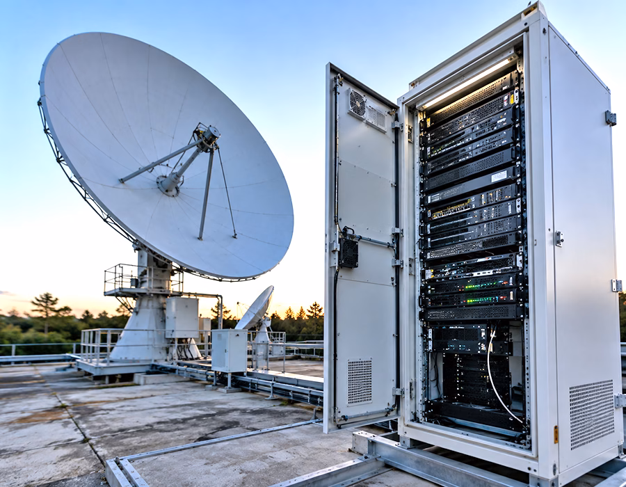 Professional broadcast satellite ground station with large satellite dish antennas, outdoor communication cabinet, and transmission equipment for satellite broadcasting and telecommunications.