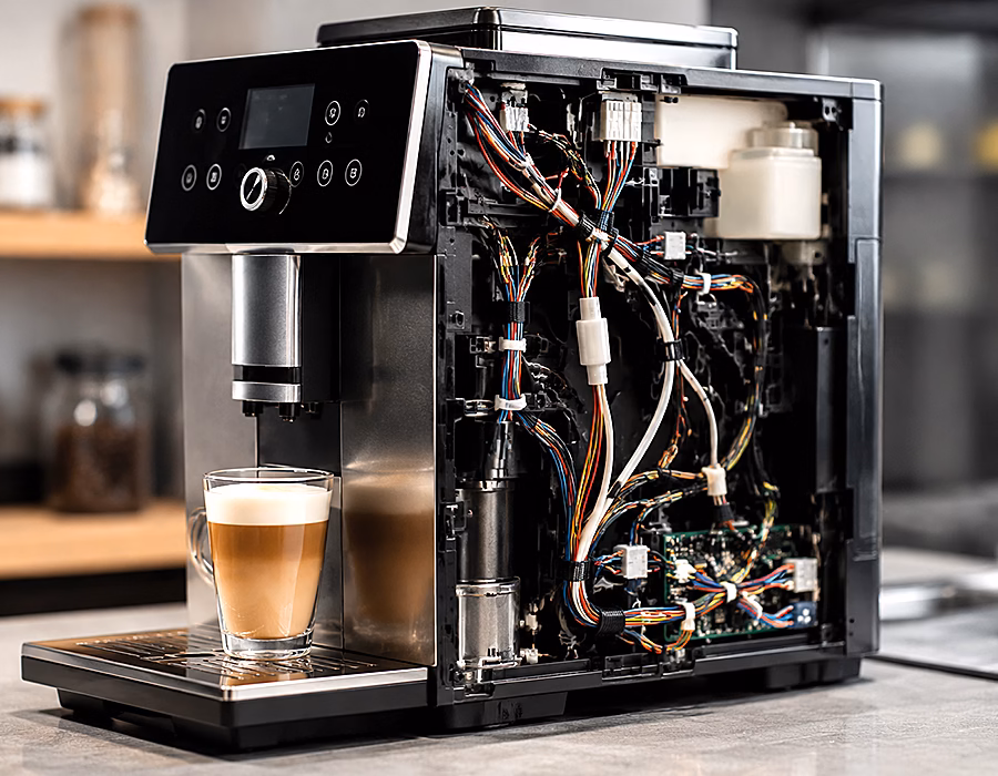 Internal wire harness and electronic components inside a coffee machine