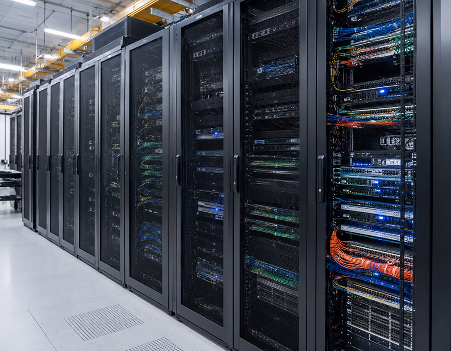 Modern data center networking racks with high-density server cabinets, structured cabling, and enterprise network infrastructure.