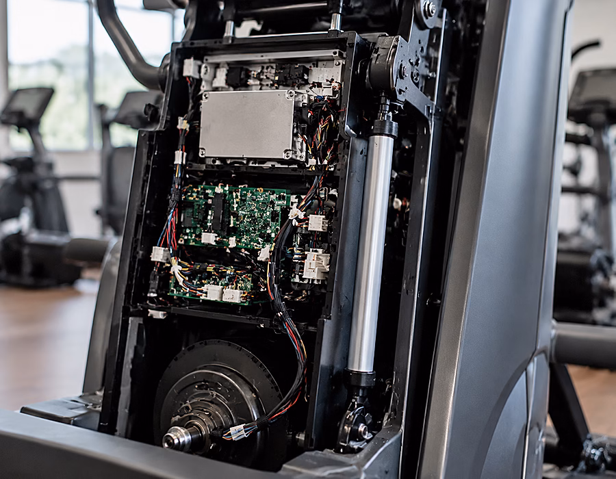 Internal wire harness and electronic components in fitness equipment