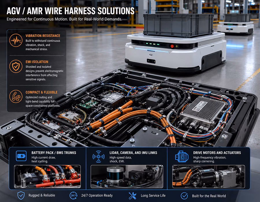 Romtronic heavy-duty wire harness installed inside an AGV/AMR for reliable power and signal transmission.