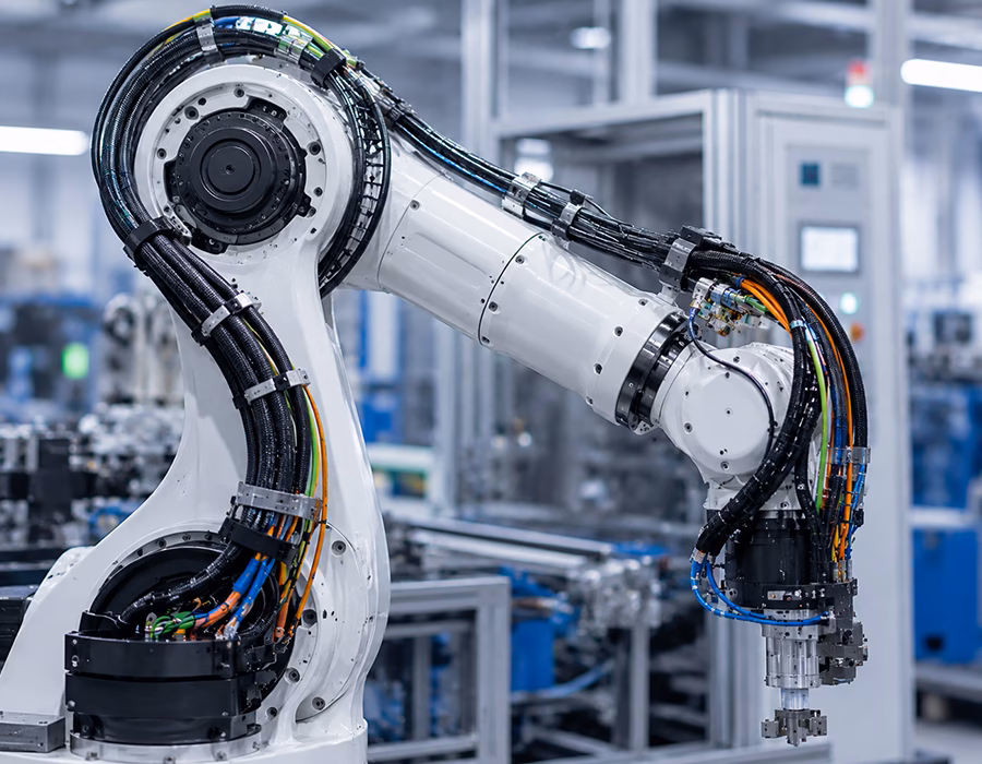 High-flex torsional wire harness installed on an articulated industrial robotic arm.