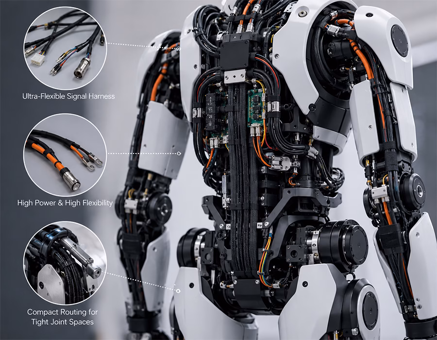 Custom wire harness for a humanoid exoskeleton with flexible cable routing through robotic joints.