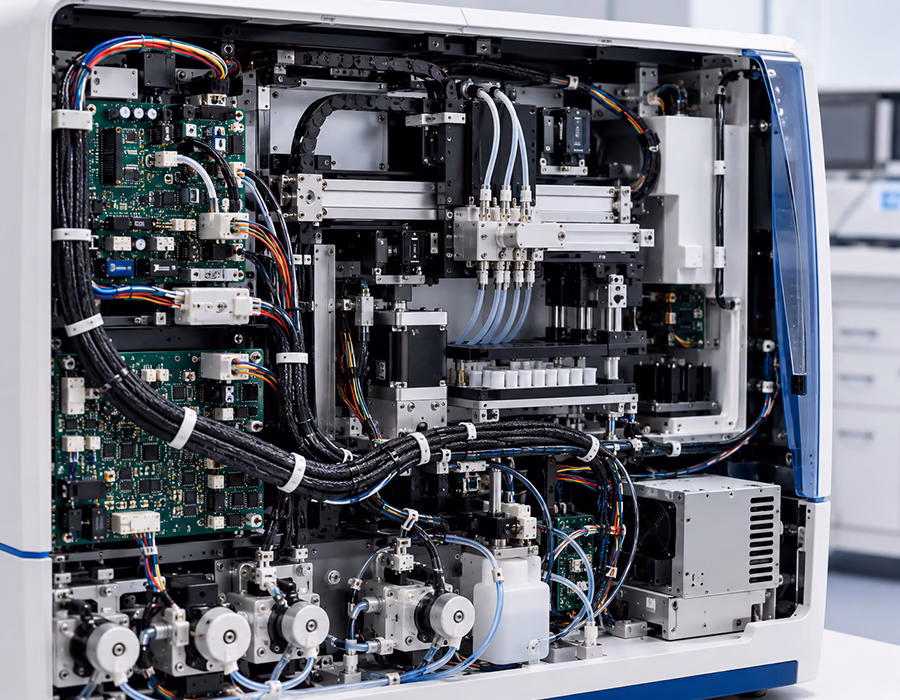 Internal wire harness routing inside a laboratory analyzer featuring custom medical cable assemblies, shielded wiring, precision sensors, and organized cable management.