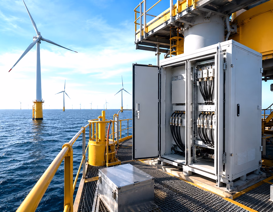 Weatherproof cable assembly and electrical connection cabinet installed on an offshore wind farm platform with offshore wind turbines in the background.