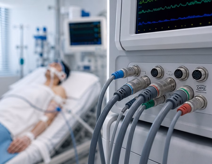 Patient monitoring system with medical cable assemblies and precision circular connectors in an intensive care unit