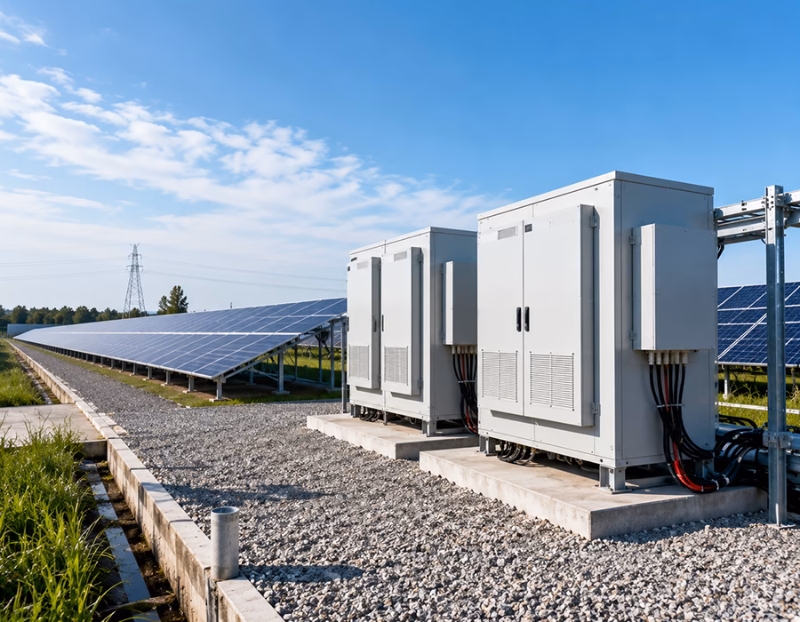 Outdoor solar photovoltaic inverter cabinets installed alongside utility-scale solar panel arrays in a modern renewable energy power plant.