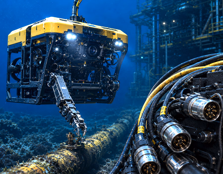 Underwater ROV robot using waterproof wire harnesses and cable assemblies for subsea marine operations