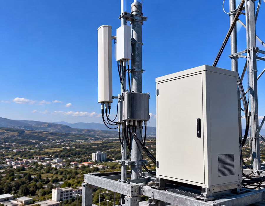 Outdoor telecom cellular base station with antenna mast, remote radio units, and weatherproof equipment cabinet supporting 4G and 5G wireless network infrastructure.