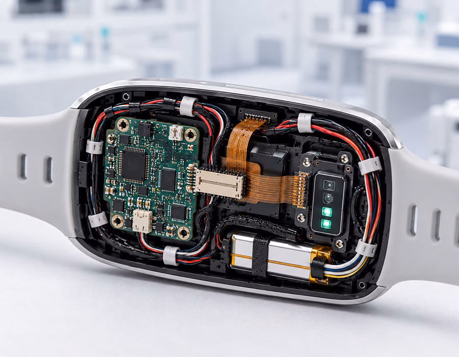Internal wire harness inside a wearable health monitor featuring flexible PCB cables, medical-grade micro wiring, compact connectors, and precision cable routing.