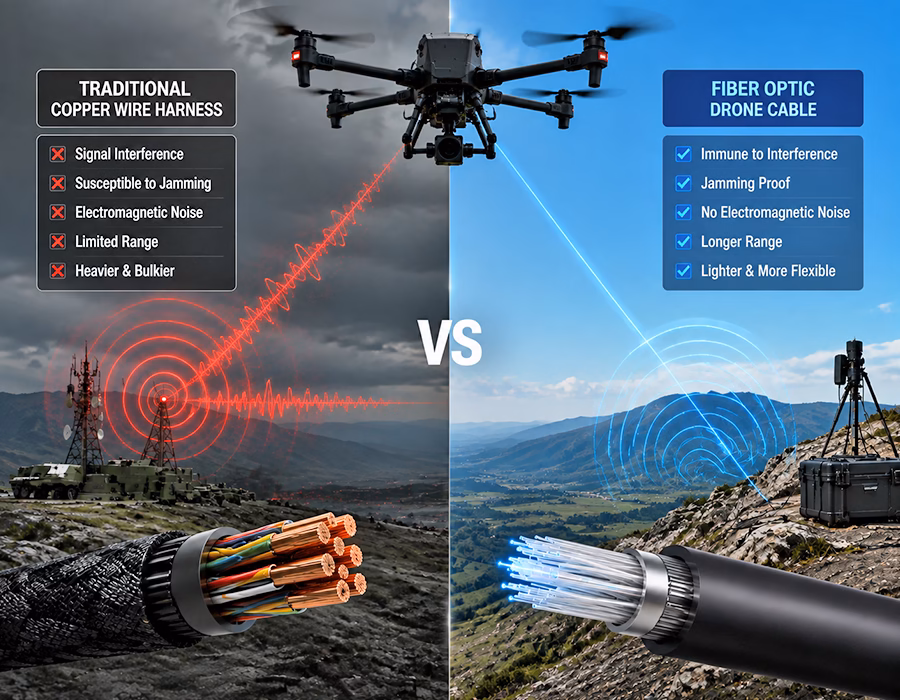 Fiber optic drone cable compared to traditional drone wire harness