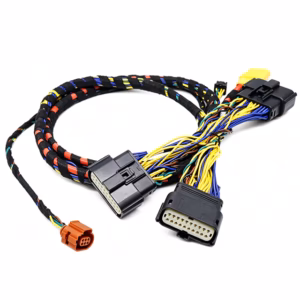 Automotive ECU wiring harness with multiple connectors and braided protective sleeving