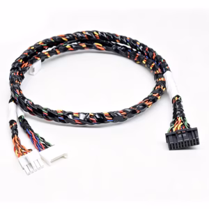 Automotive wiring harness with braided protective sleeving and multiple connectors