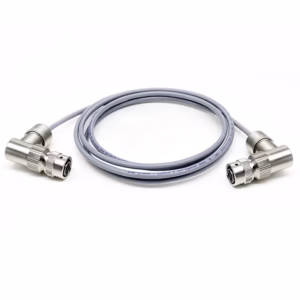 A gray cable with circular metal push-pull connectors on both ends, featuring a right-angle plug on one side.