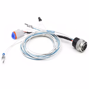 A custom industrial wire harness featuring a multi-pin circular connector branching into separate wires and a gray sealed plug on a white background.