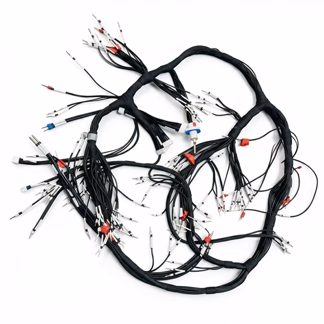 A complex custom industrial wiring harness branching into numerous individual black wires with red, white, and blue labeled sleeves and male pin terminals on a white background.