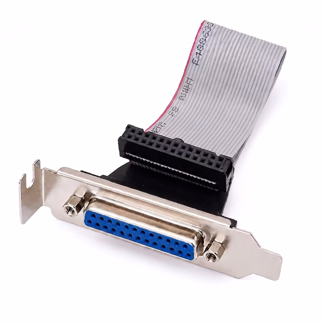 DB25 female parallel port with PCI slot bracket connected to a 26-pin IDC ribbon cable on white background.
