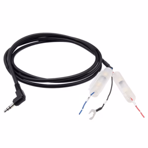 Dual-lead electrode cable with a right-angle 3.5 mm plug and red and blue leads