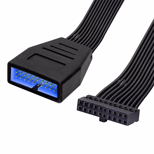 USB 3.0 19-pin internal header extension cable with a blue male connector and a black female connector on a flat black ribbon wire.