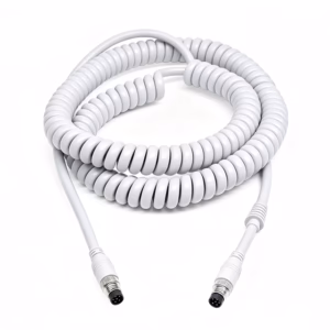 A white coiled spring cable with 5-pin M12 male aviation threaded connectors on both ends.
