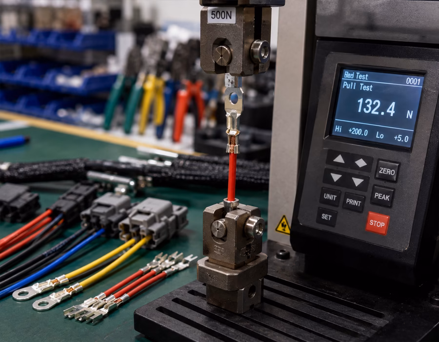 Crimp pull test on a terminal during turnkey cable assembly quality control