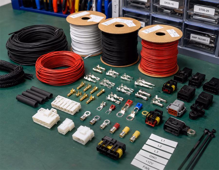 customer-supplied vs turnkey cable assembly: wire, terminals and connectors on a workbench