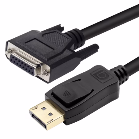 Shielded DP-DB15 cable with Al-Mylar foil, tinned copper braid, and overmolded strain relief.