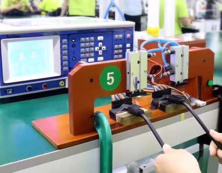 DisplayPort cable performance testing with high-speed oscilloscope, eye diagram analysis, and HBR3/UHBR signal verification.