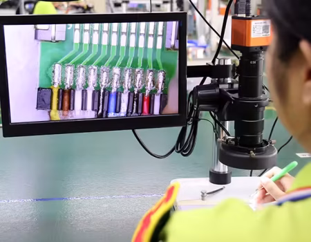 Microscopic view of DisplayPort solder joints with uniform wetting, zero bridging, and precision-aligned differential pairs.