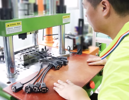 Custom overmolded Ethernet cable with integrated strain relief for durability.