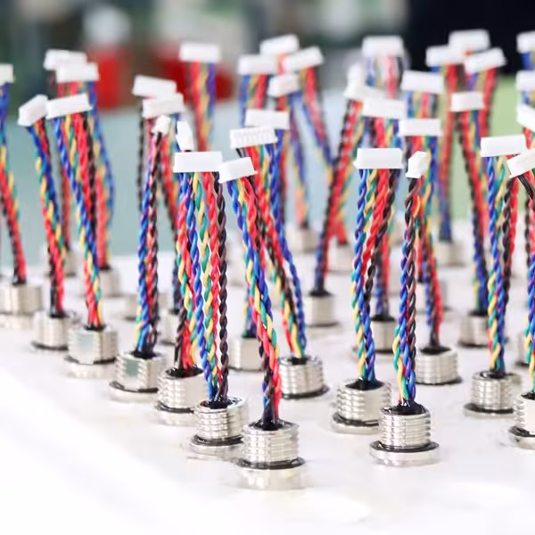 Organized storage of completed custom wire harnesses and cable assemblies at Romtronic's 5S-managed facility.
