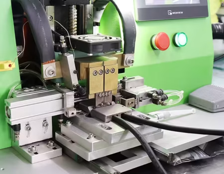 Close-up of Hot Bar soldering process with pulse-heated thermode, precision-aligned FPC leads, and controlled pressure bonding.