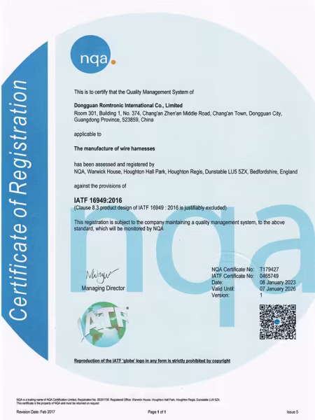 Official IATF 16949 certificate representing Romtronic's compliance with global automotive quality standards and process control.